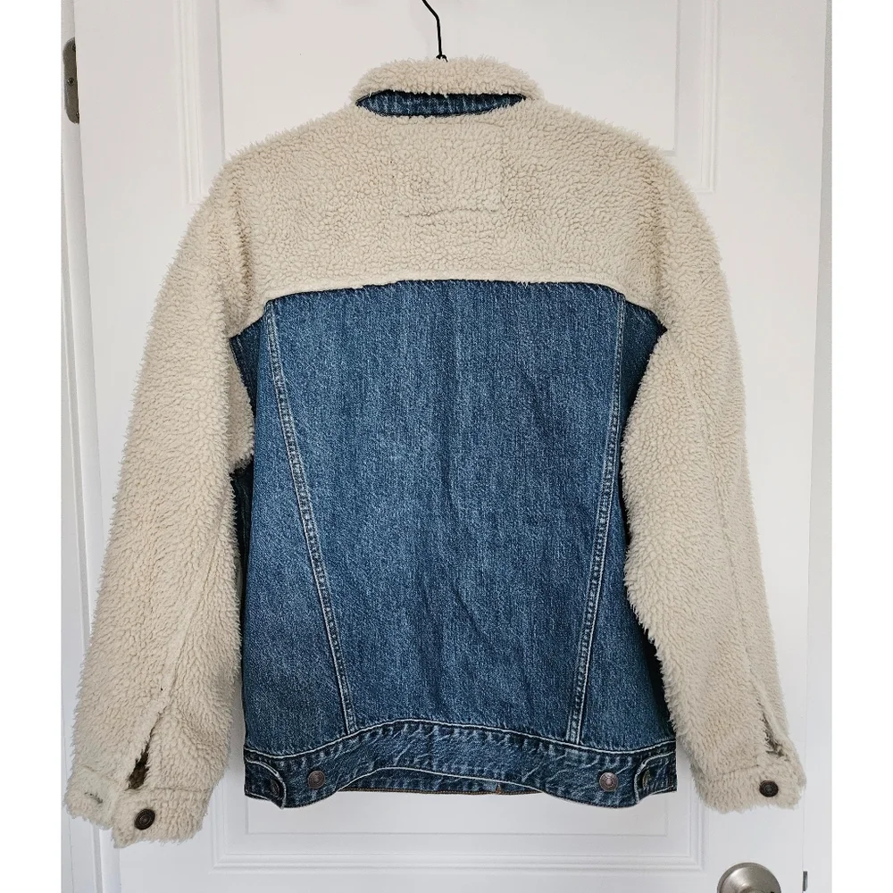 American Eagle S Cream Sherpa Denim Jacket - Picture 4 of 11